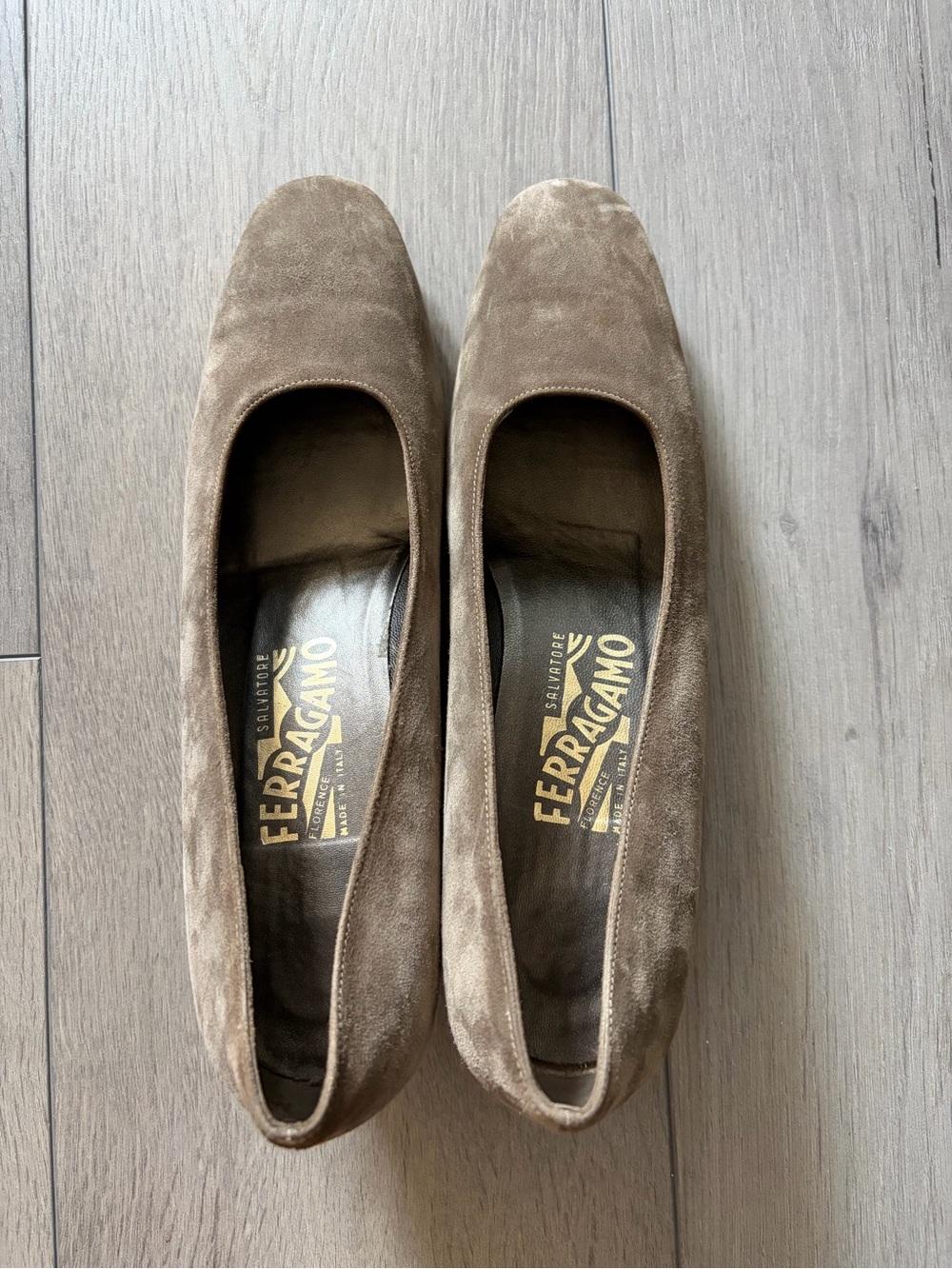 Salvatore Ferragamo Taupe Suede Round-Toe Shoes